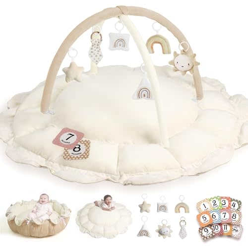 Little Dove 5-in-1 Convertible Baby Play Gym with 6 Toys, Tummy Time Mat for Sensory Development, Baby Activity Center for Newborn & Toddler, Ball Pit, Soft Pet Mat, No Ball Included Cream