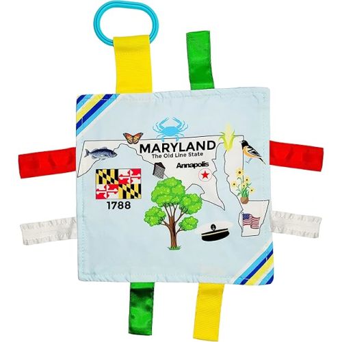 Baby Jack & Co 8x8” Learning Lovey Maryland State Tag Stroller Toy for Babies - Crinkle Toys for Developing Five Senses - Learn About Capitals - Travel with Baby Jack - BPA Free Clip