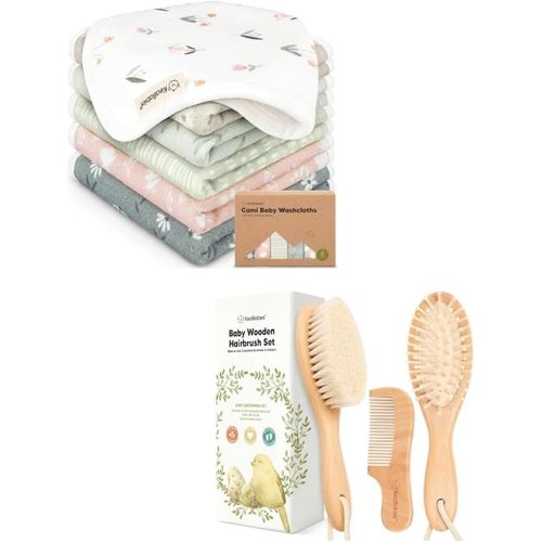 KeaBabies 6-Pack Cotton Baby Washcloths for Newborn, Kids and Baby Hair Brush and Comb Set - Cotton Muslin Soft Wash Cloths, Super Absorbent & Scratch-Free Rag - Wooden Kids Brush with Soft Bristle