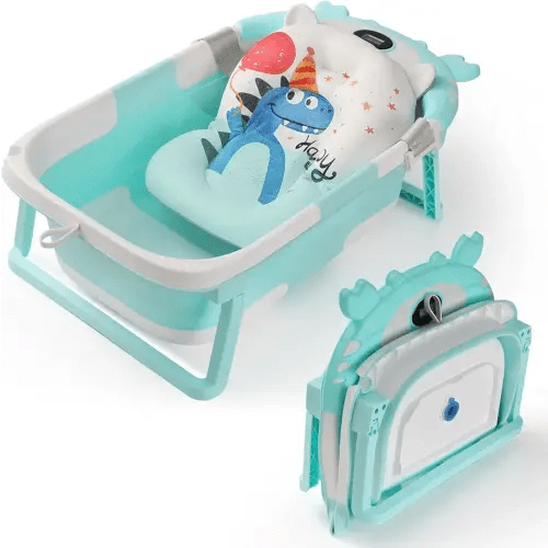 Baby Bathtub,Collapsible Baby Bath Tub with Thermometer & Soft Floating Cushion,Portable Travel Baby Bathtubs for Newborns to Toddlers 0-36 Months(Crab Green)