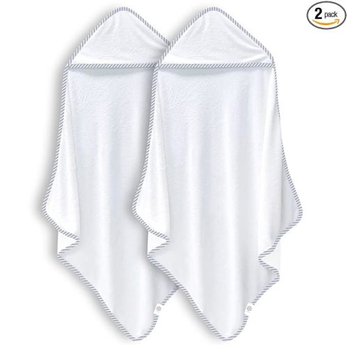 2 Pack Baby Bath Towel - Rayon Made from Bamboo, Ultra Absorbent - Ultra Soft Hooded Towels for Boy and Girl (White and Stripe, 30 x 30 Inch)