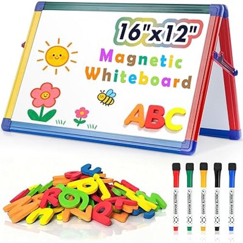 SWANCROWN Portable Dry Erase White Board for Kids, 16x12 inch Toddler Boy Girl Toys Magnetic Table top Whiteboard Small Double Sided Art Easel with 82Pcs Letter Magnets Magnetic Foldable Board