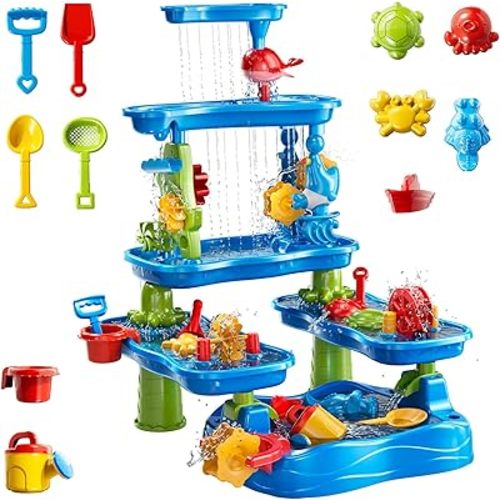 Five-Tiered Outdoor Water Table for Kids 3 4 5 6 7 8 Year Old - Sensory Activity Water Table Playset, Summer Sand Beach Toys, Outside Toys for Toddlers 3-5, Birthday Gifts for Boys & Girls 3+