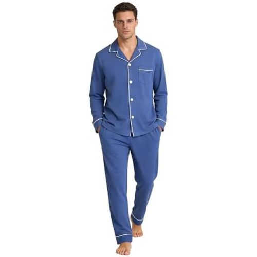 U2SKIIN Men's 100% Cotton Pajama Set, Soft Button Down Sleepwear Lounge Pjs