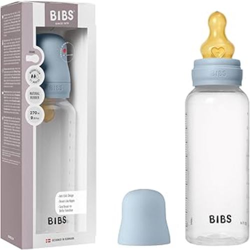 BIBS Baby Bottle 9 oz / 270 ml Natural Rubber Latex Nipple - Anti-Colic, BPA-Free, Round Nipple, Medium Flow, Lightweight & Easy to Clean, Suitable for Newborns 0+ Years - Baby Blue