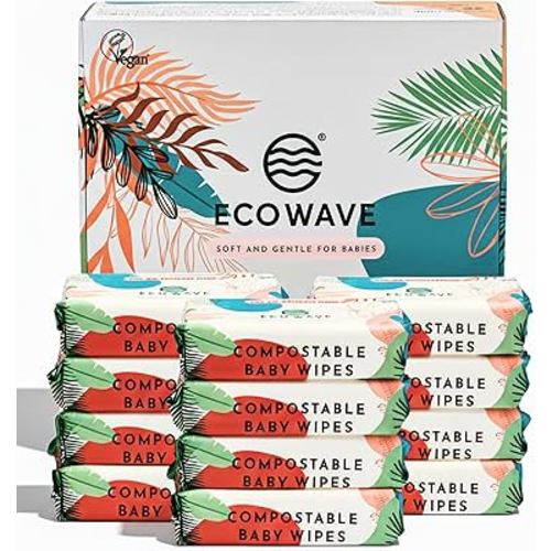 Eco Wave Baby Wipes, 100% Compostable Eco-Friendly Bamboo Wipes, Unscented, Hypoallergenic, Vegan, Alcohol-Free, Suitable For Sensitive Skin (Pack of 12)