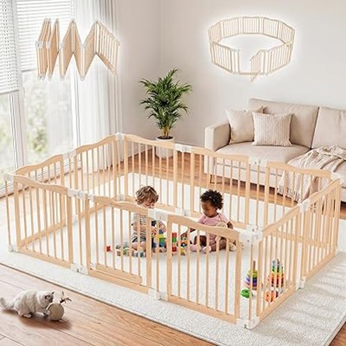 Foldable Wooden Playpen - Adjustable Wood Baby Play Yard with Door, Indoor Large Safety Fence for Babies and Toddlers - Easy Assembly, 79 x 53 x 24 inches, Nature Nest