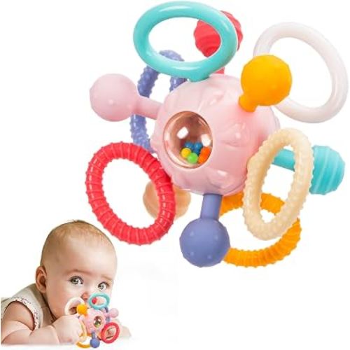 Baby Montessori Sensory Teething Toy 0-6 6-12 Months, Teether Ball & Rattle | 12 Textured Silicone Teething Ball, BPA Free, Easy to Hold, Infant Developmental Toys for 3 6 9 12 Months, Newborn Gifts