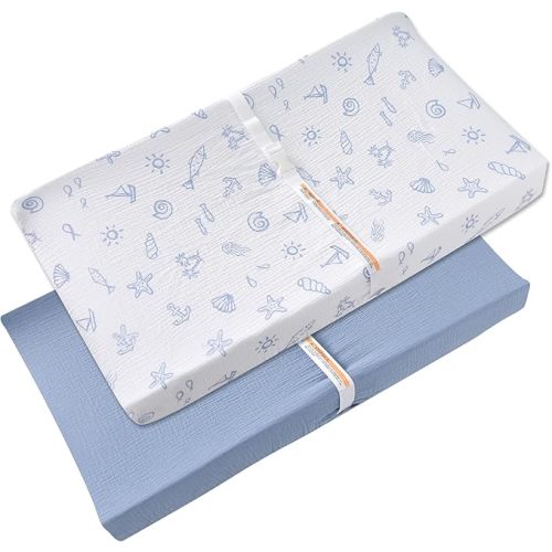 Changing Pad Cover for Baby Girls Boys - 100% Organic Cotton Muslin Changing Pad Sheets with Secure 360° Elastic Fit, Ultra-Soft for Delicate Skin, 2 Pack