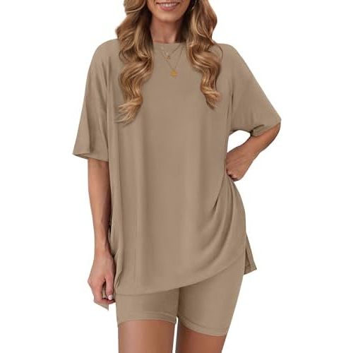 RUBZOOF Women's 2 Piece Lounge Sets 2026 Casual Summer Airport Travel Outfits Oversized Shirts Biker Shorts Matching Clothing