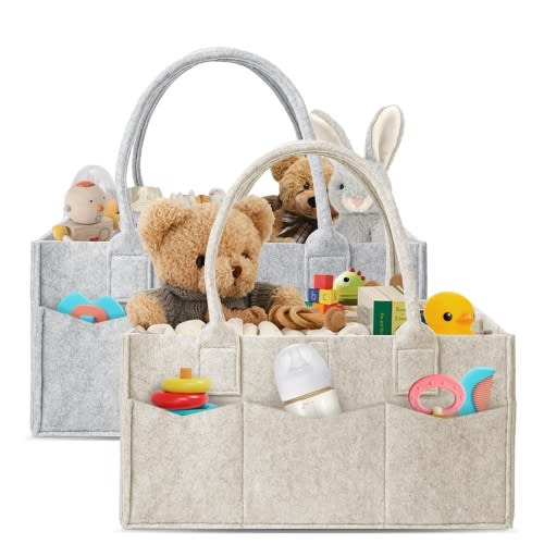 HIPHOP PANDA 2-Pack Diaper Caddy Organizer - Nursery Storage Bin & Car Organizer for Diapers, Wipes, and Baby Essentials - Dual-Color Solid Set (Grey/Oatmeal), Regular Size