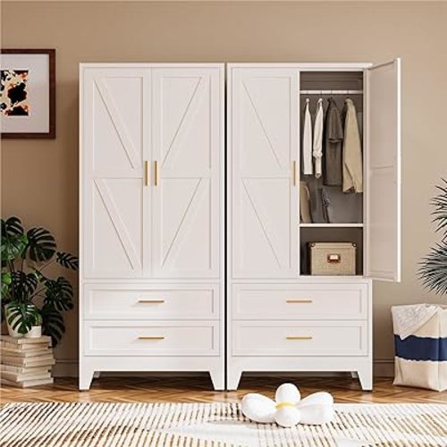 COFaR 71" Metal Wardrobe Closet with 2 Drawers & Hanging Rod, Freestanding Armoire Storage Cabinet with Adjustable Shelf and 2 Doors, White Steel Closet Organizer for Bedroom