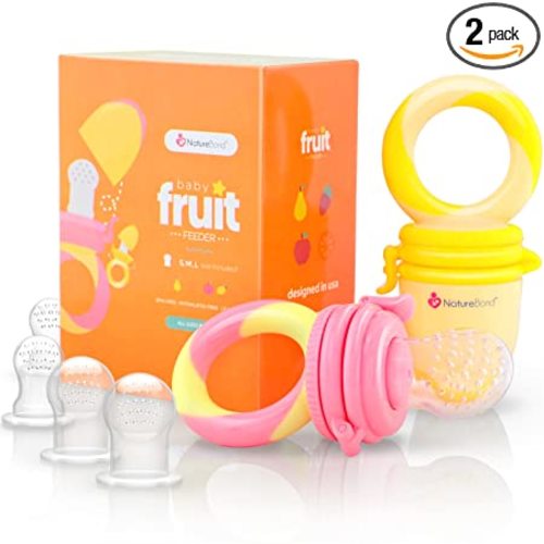 NatureBond Baby Food Feeder/Fruit Feeder Pacifier Nibbler (2 Pack) - Infant Teething Toy Teether Weaning in Appetizing Colors | + Additional Silicone Sacs