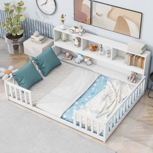 Mirightone Full Size Floor Bed with Rails, Wood Montessori Floor Bed with Bookcase and Shelves, Full Bed Frame, White