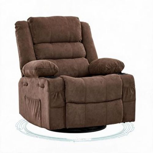 Rocking Recliner Chair 360 Swivel, Nursery Glider with Cup Holder, Linen Upholstered Deep Seat, Toffee