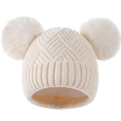 Tavaleu Kids Winter Beanie Hat, Cute Girls Hats with Double Pom Pom, Warm Fleece Lined Knit Beanies Cap for Children 8-14