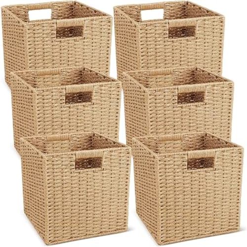 Newtay 6 Pcs Wicker Storage Baskets 11 x 11 in Cube Storage Bin Organizer Camel Square Foldable Wicker Baskets for Shelves Organizing Decor Laundry Pantry Toys