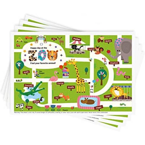Babebay Disposable Stick-on Placemats 40 Pack for Baby & Kids & Toddler, Sticky Placemats Restaurant Table Mats 12" x 18" (Happy Zoo)