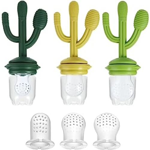 PandaEar Baby Fruit Food Feeder Pacifier, 3 Pack Silicone Feeder Cactus Shape Teething Toy Teether 3 Sizes Silicone Pouches for Babies Toddlers Infants Kids, BPA-Free Food Grade Soft Safe (Green)