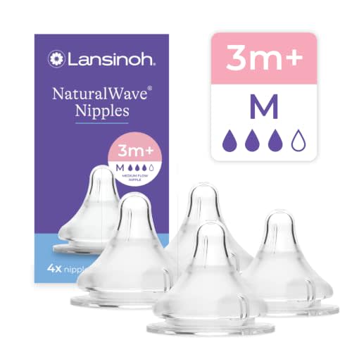 Lansinoh NaturalWave Baby Bottle Nipples, Medium Flow (M), 4 Count | 3-6 Months, 100% Soft, Durable Silicone, Made without BPA BPS, Anti-Colic, Supports Baby's Developing Mouth and Teeth