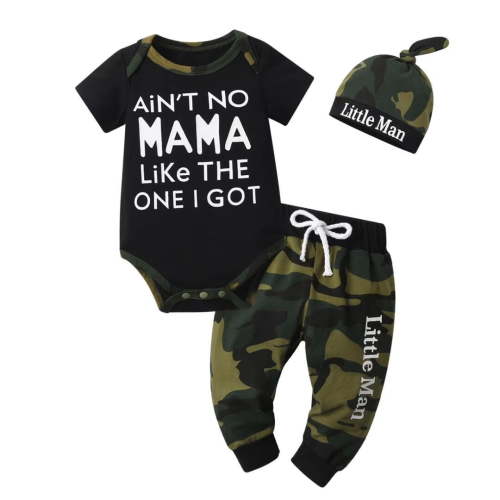 Newborn Baby Boy Clothes Letter Camouflage Long Sleeve Romper + Pants + Hat 3PCS Outfits Set（Black,0-3 Months)