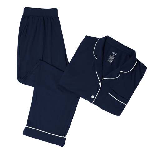 Long-Sleeved Women's Pajama Set in Navy with Cloud Trim