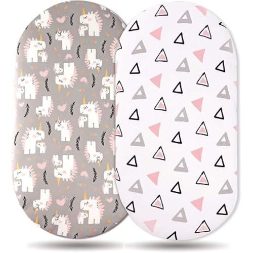 Stretch Ultra Soft Fitted Bassinet Sheet Set 2 Pack, Universal Cradle Sheet Set for Rectangle, Oval, or Hourglass Bassinet Pad/Mattress,Pink Simple Triangle/Dream Unicorn for Girls