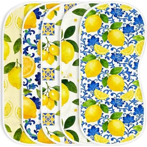Pack 5 Baby Burp Cloths for Boys Girls Large Lemon Print Contoured Cotton Burp Rags Highly Absorbent Soft Burping Spit Up Cloths for Newborn Mediterranean Theme Unisex Shower Gifts