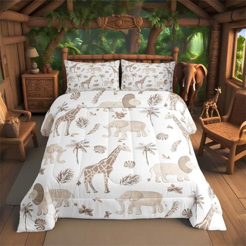Feelyou Jungle Animals Comforter Twin Size Elephant Lion Giraffe Animal Bedding Sets African Safari Animal Comforter Set for Kids Boys Girls Hunter Brown Rust Wildlife Down Comforter
