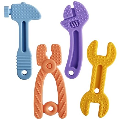 Fu Store 4 Pack Soft Silicone Teething Toys for 0-12 Months 6-24 Months Toddlers Infant Hammer Spanner Wrench Pliers Tools Shape Baby Teethers Relief Soothe Babies Gums Set