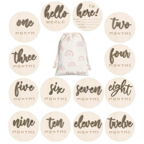 Burbell 7 Pack 3D Baby Monthly Milestone Card Signs Baby Announcement Sign Double Sided Hello World Newborn Signs Wooden Circles Discs for Welcome Newborn Boy Girl Photo Props(Brown,Letter)