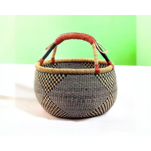 Handwoven Bolga Market Basket: Ghana Elephant Grass, Leather Handle