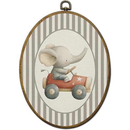 QZQE Elephant Boy Nursery Oval Wall Art Decor Framed, Kids Animal Oval Canvas Prints, Vintage Elephant Driving Car Neutral Striped Wall Hanging Decor for Kids Boy Toddler Room Playroom, 8.6x11.4 Inch
