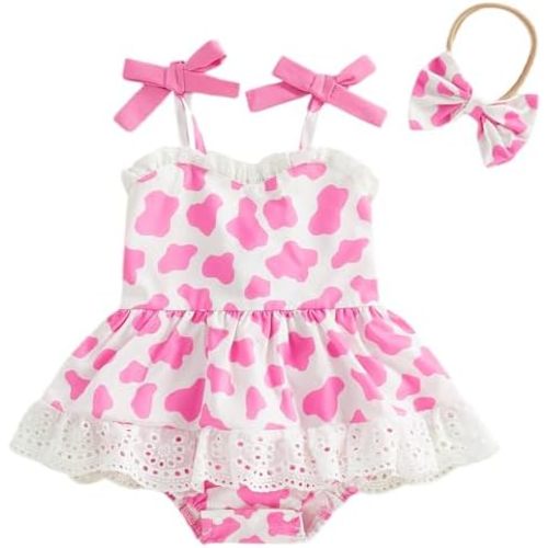 Infant Baby Girls Western Cowgirl Romper Cow Print Sleeveless Straps Ruffle Dress Bodysuit with Headband