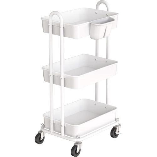 Simple Houseware 3-Tier Multifunctional Rolling Utility Cart with Hanging Bucket, White