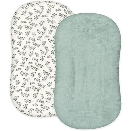Hooyax Muslin Baby Lounger Cover 2 Pack, Organic Removable Slipcover for Newborn, Padded Infant Floor Seat Covers for Boys Girls (Light Green & Leaf)