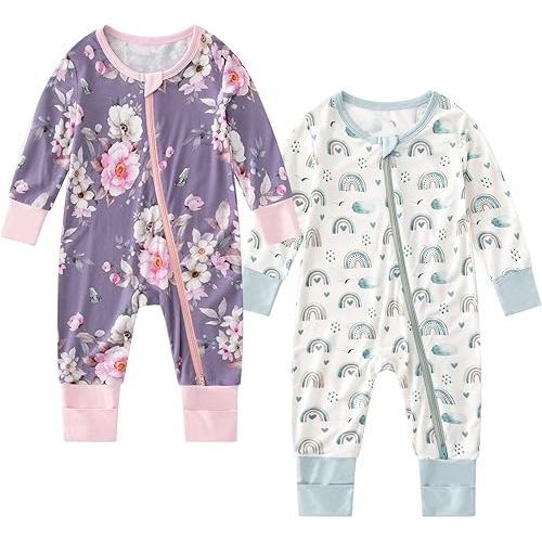 OPAWO Viscose from Bamboo Baby Pajamas Girl 2pack Mittens Cuff 2 Way Zipper Soft Footless Sleeper Baby Boy One-Piece Romper