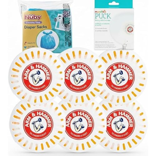 Odor Eliminator Cartridges, 6-Pack, Lavender Scent Baking Soda Pucks + Nuby Diaper Disposable Bags, 50 Count, Fresh Baby Scent – Diaper Pail Deodorizer & Odor management Bundle