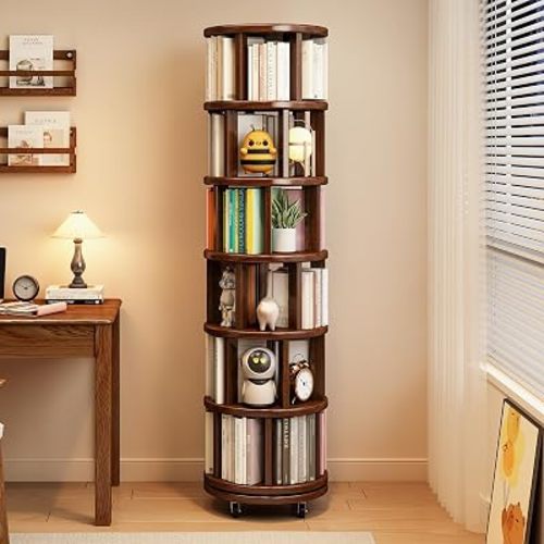 6 Tier Rotating Bookshelf Tower, 360° Revolving Bookcase for Small Spaces
