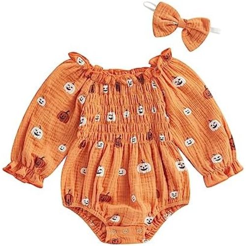 FYBITBO Infant Baby Girl Halloween Romper Dress Pumpkin Long Sleeve Ruched Bodysuit Jumpsuit with Headband Set Cute Clothes