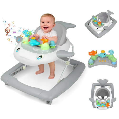 PRVAETU Baby Walker & Activity Center W/ Music & Lights,3 Adjustable Height, Anti-Rollover & Foldable for Infant Boy and Girl 6-18 Months,Grey