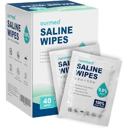 Ourmed Saline Wipes 40 Count, Sterile Unscented Gentle Cotton Wipes for Baby & Kids, Eye Nose Face Care, Hypoallergenic for Sensitive Skin, Piercing Aftercare & Wound Cleansing