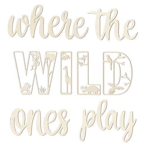Where The Wild Ones Play Sign Wooden Playroom Wall Decor, Large Wood Wall Art Decoration for Boys Girls Toy Room Nursery, Toddler Room Bedroom, Jungle Theme Playroom Word Cutout Sign Decor