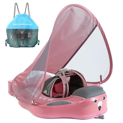 Mambobaby Float Add Tail Baby Swim Float with Canopy, Non-Inflatable Solid Baby Float, Upgrade Soft Waterproof Skin-Friendly Leather Material Infant Swim Float (Deluxe Edition Pink)