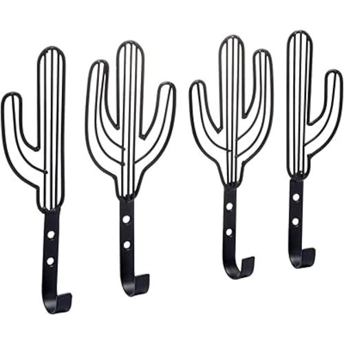 MyGift Wall Mounted Black Metal Saguaro Cactus Shaped Coat Hooks, Set of 4