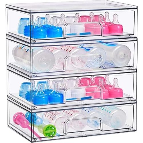 Sorbus Wide Stackable Acrylic Storage Drawers, 4 Pack Clear Plastic Organizer Bins for Baby Bottles, Makeup, Bathroom, Vanity &Countertop Organization, Pull-Out Drawer Design for Cabinets & Pantry
