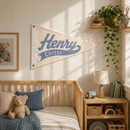 Personalized Embroidered Pennant Banner, Custom Name Flag, Chain Stitch Nursery Wall Decor, Kids Room Door Sign, New Baby Gift.