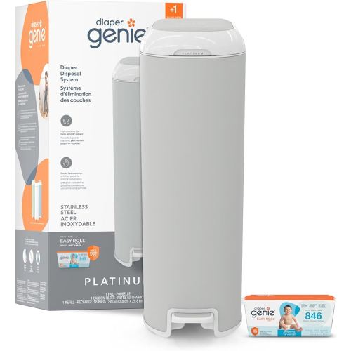 Diaper Genie Platinum Pail (Stone Grey) is Made in Durable Stainless Steel and Includes 1 Easy Roll Refill with 18 Bags That can Last up to 5 Months.