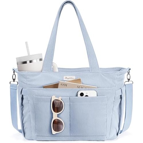 Bagstellar Corduroy Tote Bag for Women, 17 Pockets Laptop Work Tote Bag Lightweight Teacher Nurse Bible Bag for School Travel
