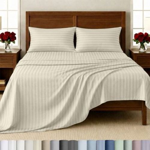 500 Thread Count Bed Sheets - 100% Cotton Sateen Sheets Set, Soft, Breathable, Deep Pocket by California Design Den - Ivory Striped, King